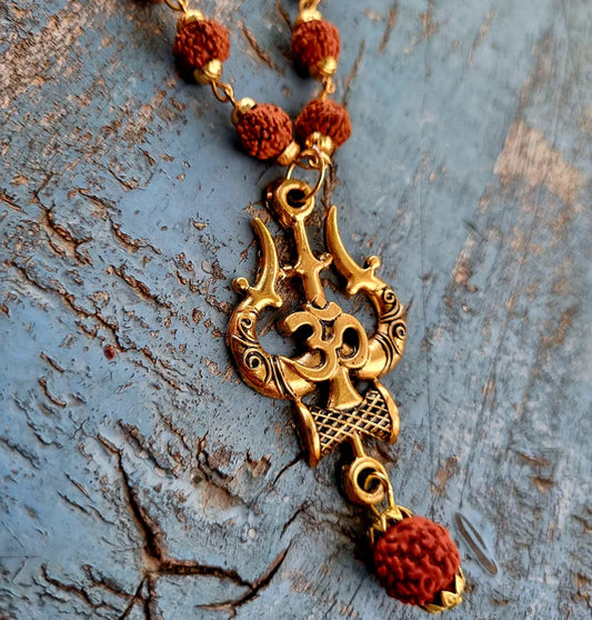 Gold Plated Rudraksha Lord Shiva Trishool Necklace